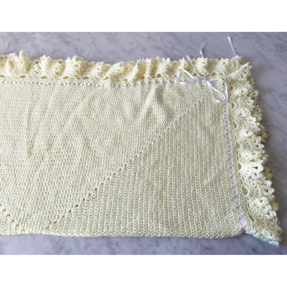 Baby Blanket Afghan Hand Knit Crocheted Soft Yellow with White Ribbon Homemade - Picture 7 of 11